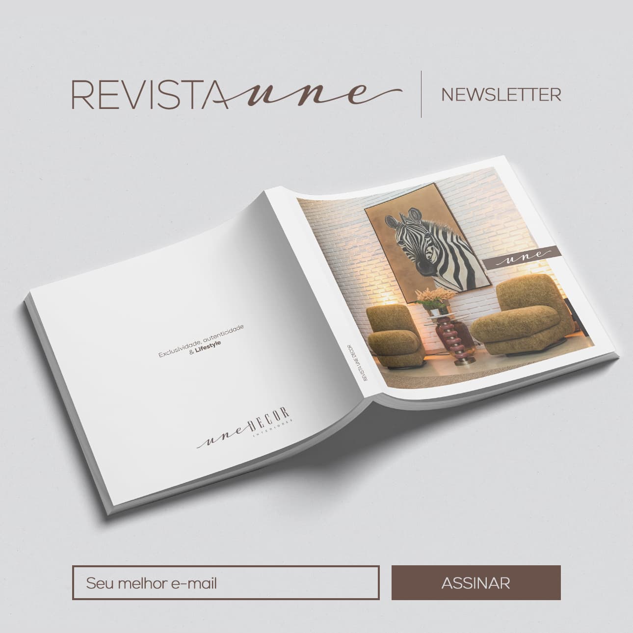 Revista Une — mockup da revista e assinatura da newsletter