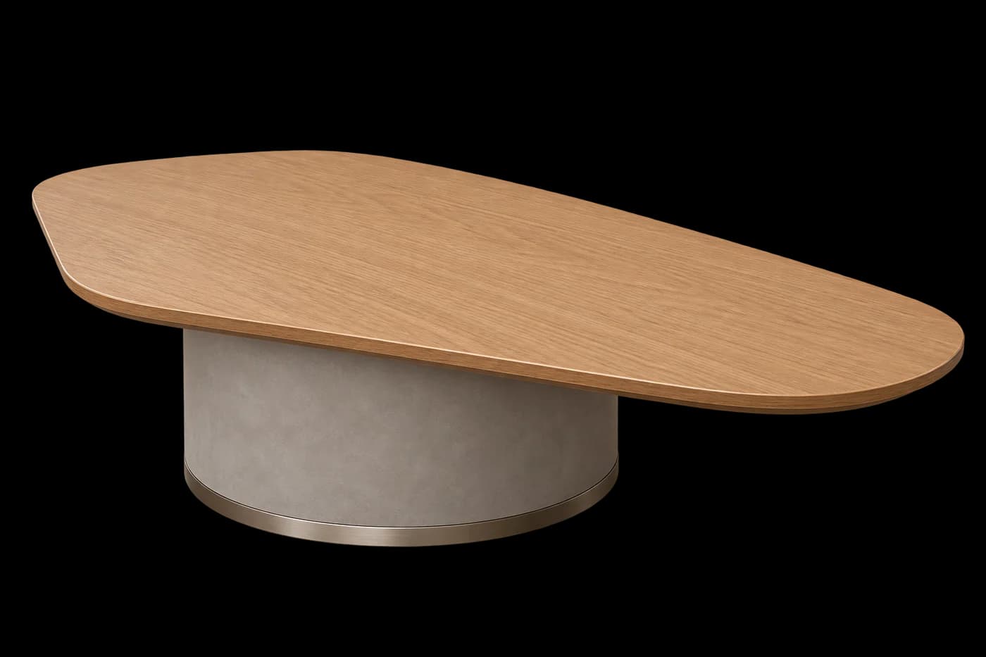 Mesa de centro orgânica com tampo de madeira e base cilíndrica cinza
