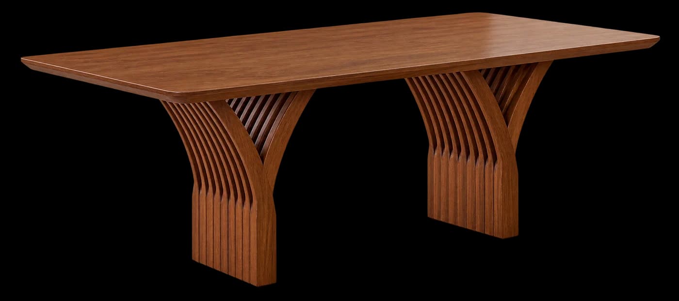 Mesa de jantar retangular de 2,20x1,10m em madeira, com pés ripados em leque